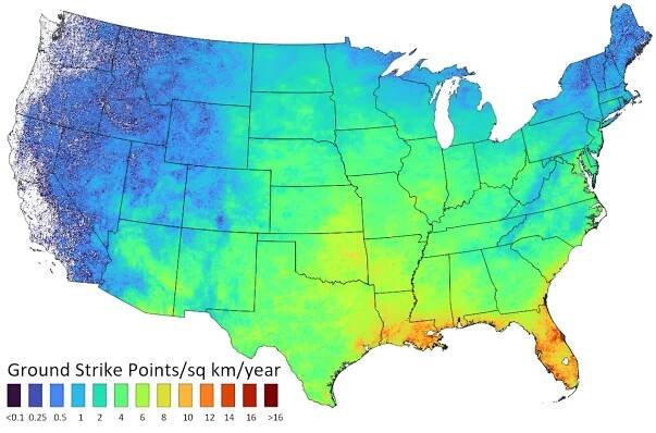 Frequency of lightning ground strikes per year averaged over six years