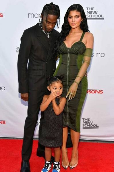 Travis Scott, Kylie Jenner, and Stormi Webster at the The 72nd Annual Parsons Benefit in 2021.