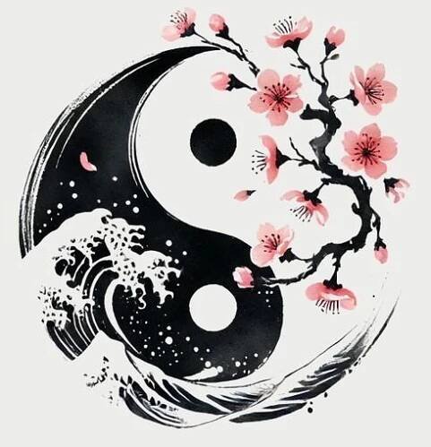 a black and white painting with pink flowers in the shape of a yin - yang