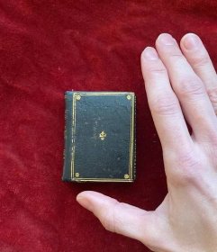Image of the black binding with gold edges and a small gold fleur-de-lis at the center and the four corners. The binding is set against a red velvet background, with a hand placed next to the tiny book to show scale. The book is about the size of the hand's thumb.