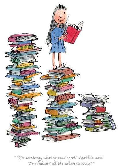 a girl standing on top of a pile of books with the words it's party time
