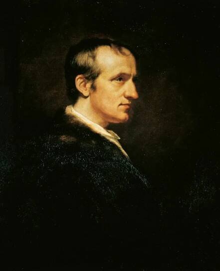 A dark, painted portrait of a brown-haired man, seen from the side.