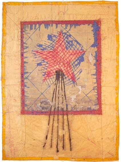 Charles Christopher Hill  Rebecca, 1997  Stitched newspaper  24 1/2 x 18 1/2 in.   304-97-CH  $4500