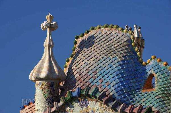 Gaudi-design roof with tiles of the Casa Batllo in Barcelona.