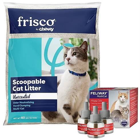 Feliway MultiCat Calming Diffuser Refill for Cats, 3 count + Frisco Multi-Cat Unscented Clumping Clay Litter
