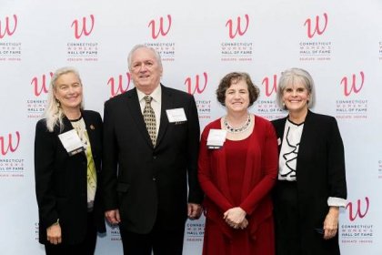   2019 Women: A Force For Nature Inductees    Nell Newman, Robert Hayward (accepted for Martha “Matt” Langevin and Elizabeth George Plouffe), Marian Chertow, and CWHF Executive Director, Sarah Smith Lubarsky  