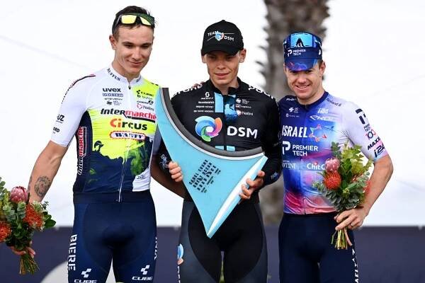 GEELONG AUSTRALIA  JANUARY 29 LR Hugo Page of France and Team Intermarch  Circus  Wanty on second place race winner Marius Mayrhofer of Germany and Team DSM and Simon Clarke of Australia and Team Israel  Premier Tech on third place pose on the podium ceremony after the 7th Cadel Evans Great Ocean Road Race 2023  Mens Elite a 1743km one day race from Geelong to Geelong  CadelRoadRace  on January 29 2023 in Geelong Australia Photo by Tim de WaeleGetty Images