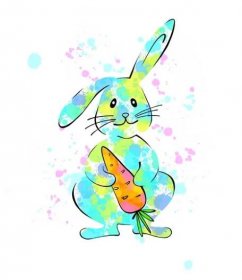 Veselý Velikonoční Králík jako designový prvek. Ručně kreslený skicák. Barevné splash pozadí. — Stock obrázek