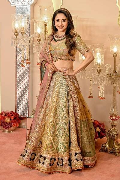 Madhuri Dixit Nene posing for paparazzi on a red carpet wearing gold formal Indian attire.