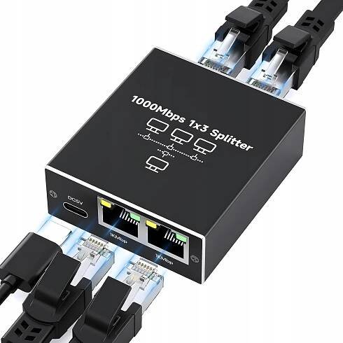 SPLITTER LAN 1x3 ADAPTÉR ROZBOČOVAČ SWITCH 2xRJ45 ETHERNET 1000Mb GIGABIT
