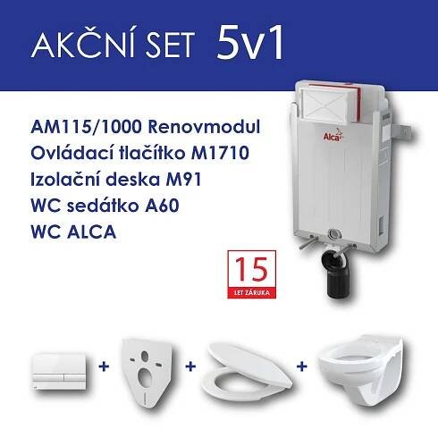 Alcadrain WC set 5v1 Renovmodul AM115+tlačítko M1710+sedátko+WC mísa ALCA