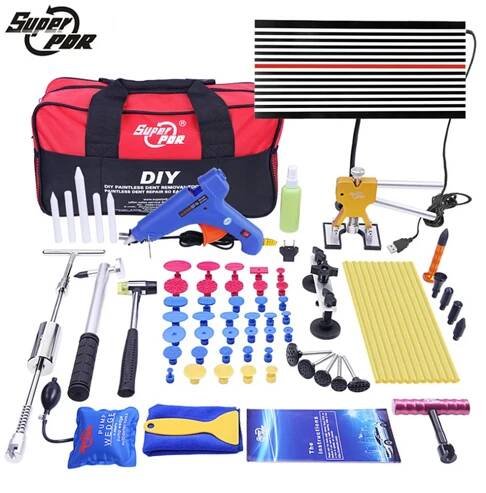 PDR Tools Paintless Dent Repair Tools Dent Removal Car Kit LED Reflector Board Board Dent Puller Lepicí pistole pumpa klín Ruční sada nářadí