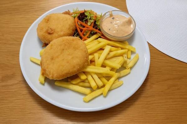 Smažený sýr s hranolkami, salátem a domácím dipem – klasické hlavní jídlo BISTRO SOUD