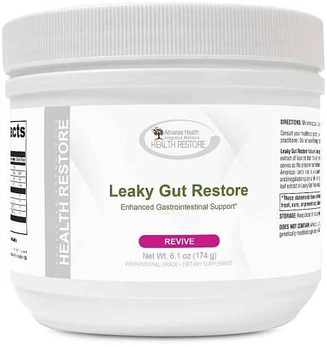 A jar of Leaky Gut Restore Kit on a white background.