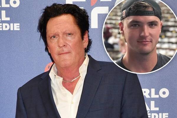 Michael Madsen standing on a red carpet with an inset of his son Hudson.