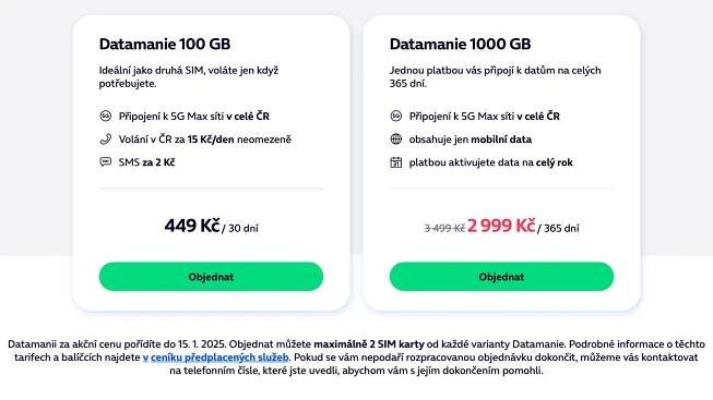 Výjimkou je nejoblíbenější 100GB měsíční předplacená karta