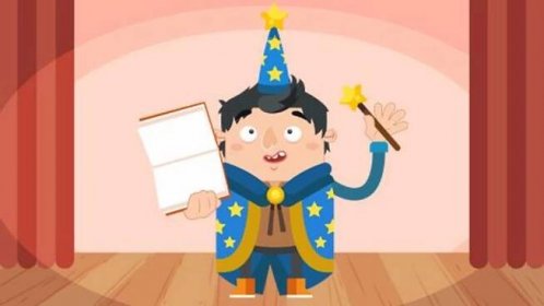 Illustration of boy in wizard outfit holding a book open with a wand on a theatre stage, curtains behind.