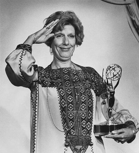 Nancy Marchand Holding Trophy Black And White Wallpaper