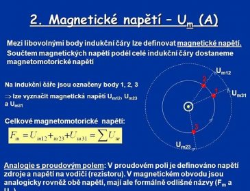 Mezi libovolnými body indukční čáry lze definovat magnetické napětí. Součtem magnetických napětí podél celé indukční čáry dostaneme magnetomotorické napětí. Um Na indukční čáře jsou označeny body 1, 2, 3.  lze vyznačit magnetická napětí Um12, Um23 a Um Um31. Celkové magnetomotorické napětí: 3. Um23. Analogie s proudovým polem: V proudovém poli je definováno napětí zdroje a napětí na vodiči (rezistoru). V magnetickém obvodu jsou analogicky rovněž obě napětí, mají ale formálně odlišné názvy (Fm a Um).