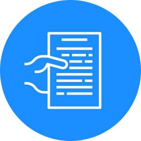 A round blue icon with a hand holding a sheet of paper with obscure writing on it.