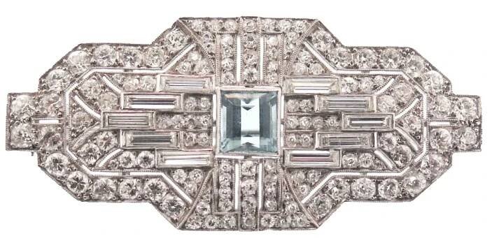 Art Deco Diamond and Aquamarine Brooch