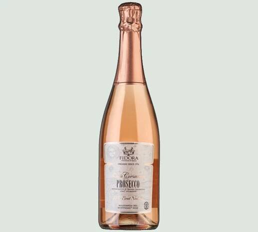Front view of Prosecco DOC Rosé Brut Nature Millesimato bottle showcasing its elegant design and light pink hue, crafted from Glera and Pinot Noir grapes.