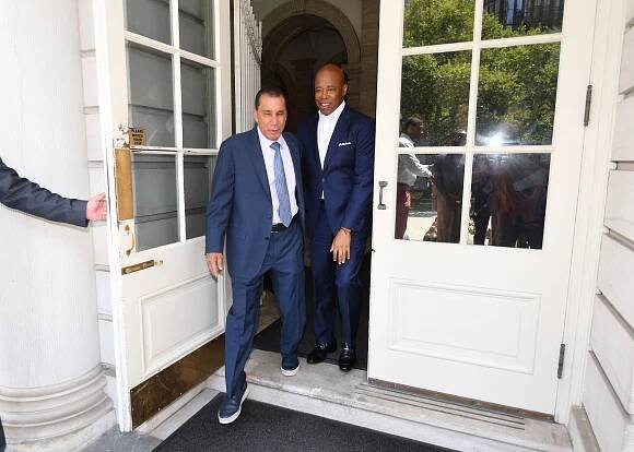 NYC Mayor Eric Adams is joined by supporters outside of City Hall as he accpets the endoresement from former NY Governor David Paterson in his bid to reclaim his role of mayor in the up coming city election. 