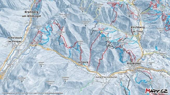 3D zimní mapa lyžařské oblasti Kitzbühel - Kirchberg