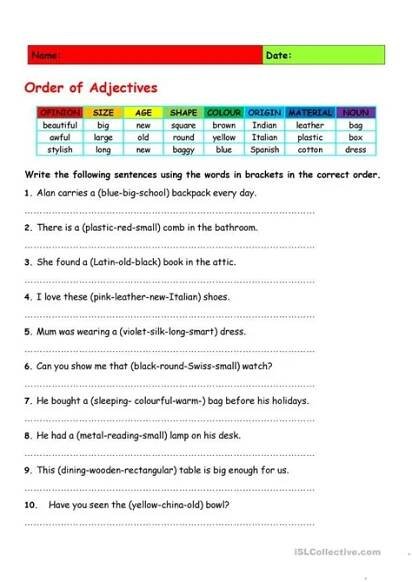 worksheet for grade 2 reading the order of adjucements in english