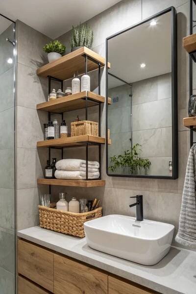 a bathroom with shelving, sink and mirror