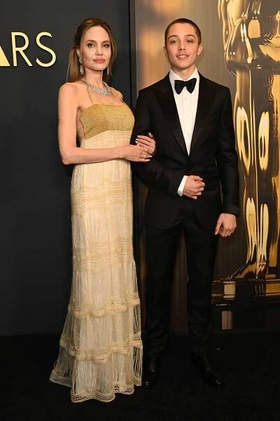 Angelina Jolie and Knox Jolie-Pitt attend the 2024 Governors Awards at Dolby Theatre on November 17, 2024 in Hollywood, California.