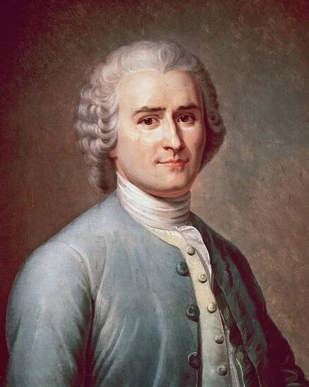 A portrait of Jean-Jacques Rousseau , wearing a wig and a powder blue jacket.