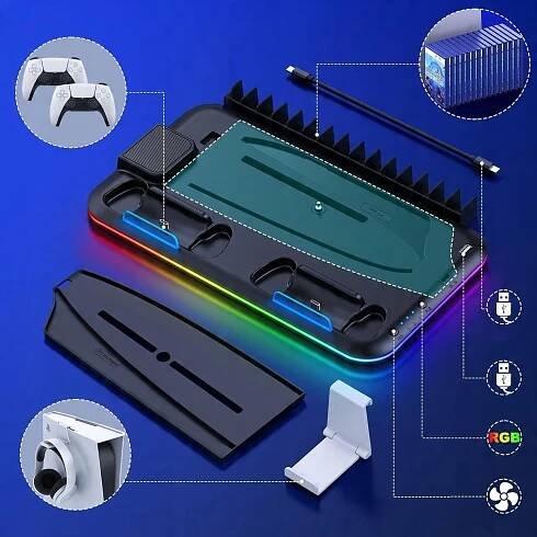 STOJAN PRO PS5 S 3-RYCHLOSTNÍM VENTILÁTOREM, RGB A 15 SLOTY PRO HRY Váha výrobku včetně jednotkového obalu 0.685 kg