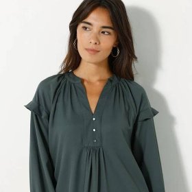 Blancheporte Jednobarevné rovné šaty z recyklovaného polyesteru (1) khaki