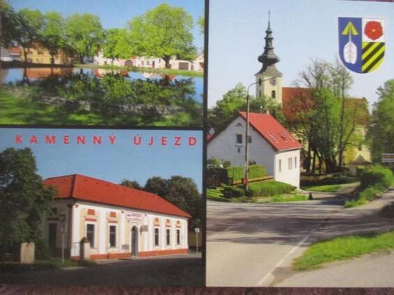 Kamenný Újezd dělený kostel CB - Pohlednice místopis
