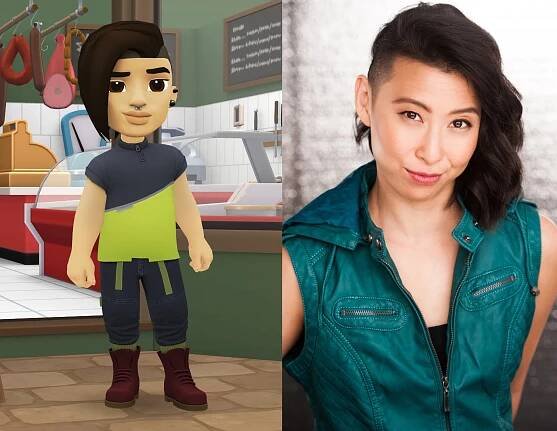 Erika Ishii, who voiced Kim, is seen next to her Wylde Flowers character.