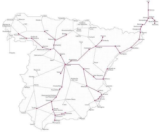 Mapa vlakových tras ve Španělsku