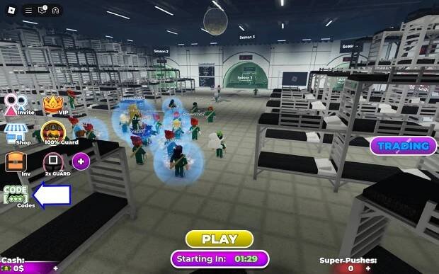 A screenshot of Squid Game in Roblox showing the game's codes button.
