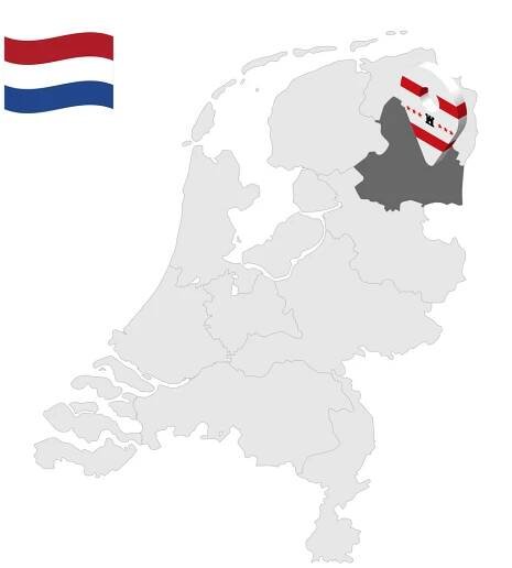 Umístění Drenthe na mapě Nizozemsko. 3D značka lokality podobná vlajce Drenthe. Mapa kvality s provinciemi Nizozemsko pro váš design. EPS10. — Ilustrace