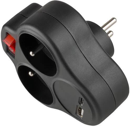 Rozbočka s nabíječkou 16A/230V, USB-C/A vypínač, černá "V" 155 Kč
