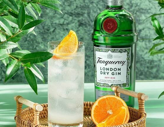 Gin and Tonic next to a bottle of Tanqueray London Dry 