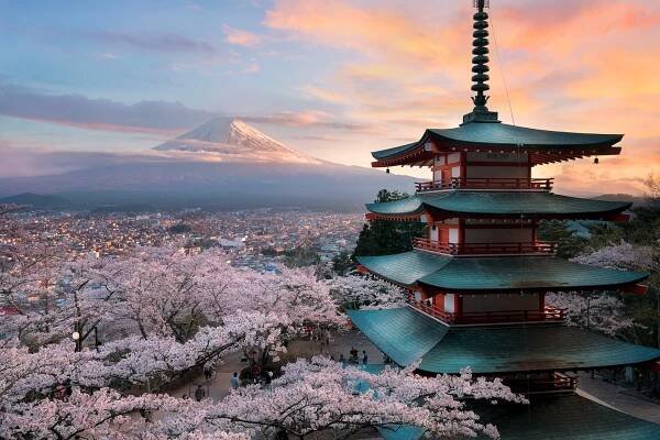 Tapety : Japonsko, Třešňový květ, Příroda, krajina, hory, mount Fuji, budova, Asijská architektura, květiny, mraky 3072x