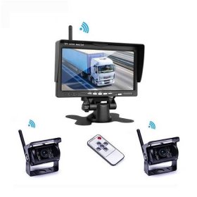 Monitory, park. kamery - Parkovací set  2x analog- kamera + 7.0 monitor / bezdrátový přenos s nočním viděním 12/24V