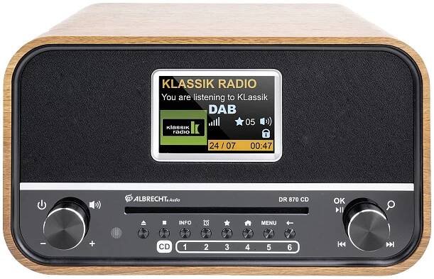 Albrecht DR 870 CD Seniorenradio, DAB+/ UKW/ CD/ USB 27870 stolní rádio, DAB+, FM, DAB+, FM, Bluetooth, funkce alarmu, vč. dálkového ovládání, vlašský ořech