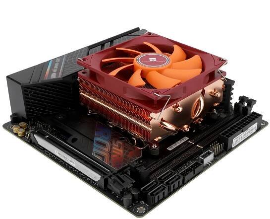 Thermalright AXP90-X53 All-Copper CPU air cooler instealled on a miniITX motherboard