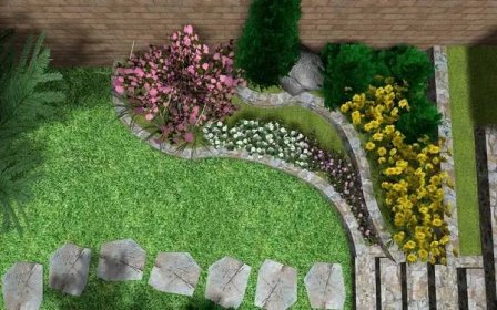 3D obraz návrhu malé zahrady. Kamenná terasa s rostlinami u soukromého domu. Zajímavé řešení v hladkých liniích. — Stock obrázek