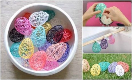 there are several different pictures of easter eggs in the bowl and on the table, one is decorated with string