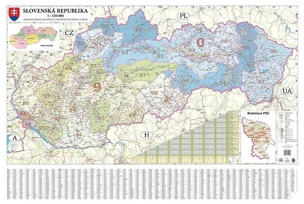 Slovensko - nástěnná mapa PSČ 135 x 90 cm