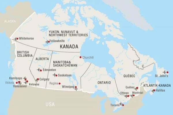 Map of Canada airports: airports location and international airports of Canada