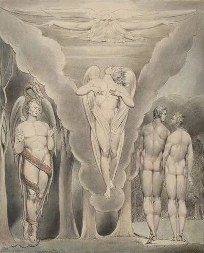 Ilustrace 4 k Miltonově "Ztracený ráj": Satan špehuje Adama a Evu a Raphaelův sestup do ráje, 1807 od William Blake